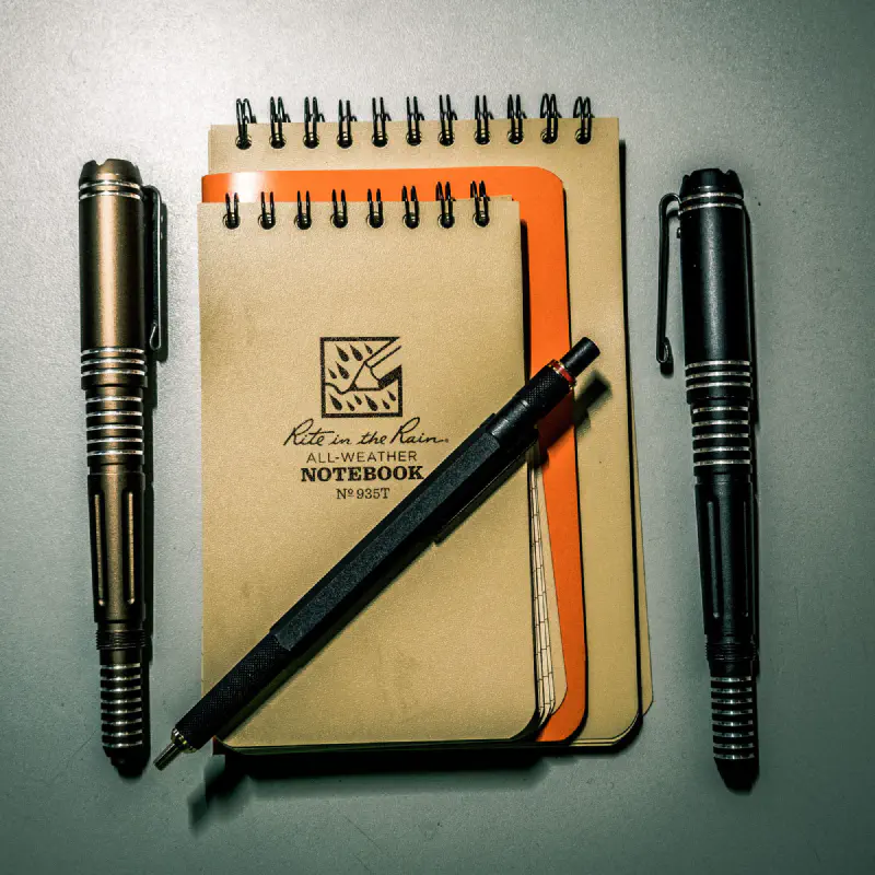 Two Rite in the Rain notebooks, a FieldNotes notebook, two fisher space pens, one 2mm lead holder