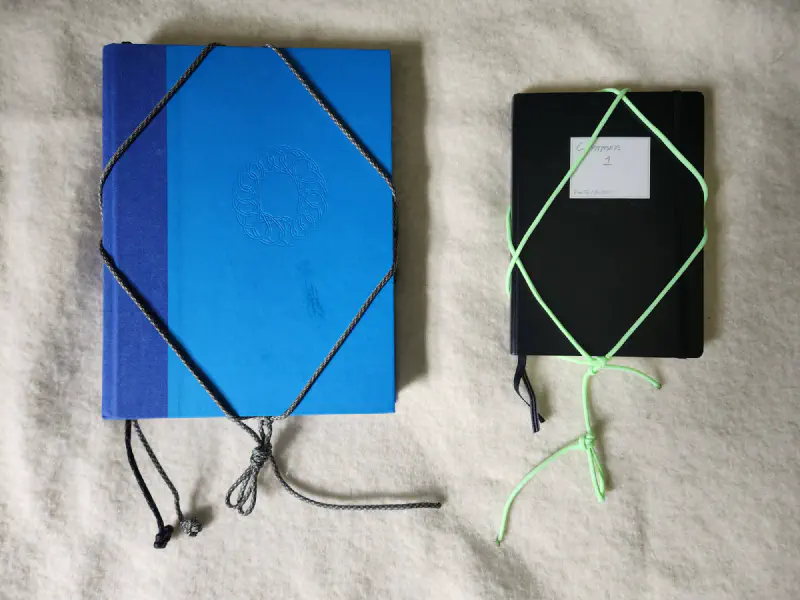 The Ashley Book of Knots and an A5 notebook wrapped for carrying