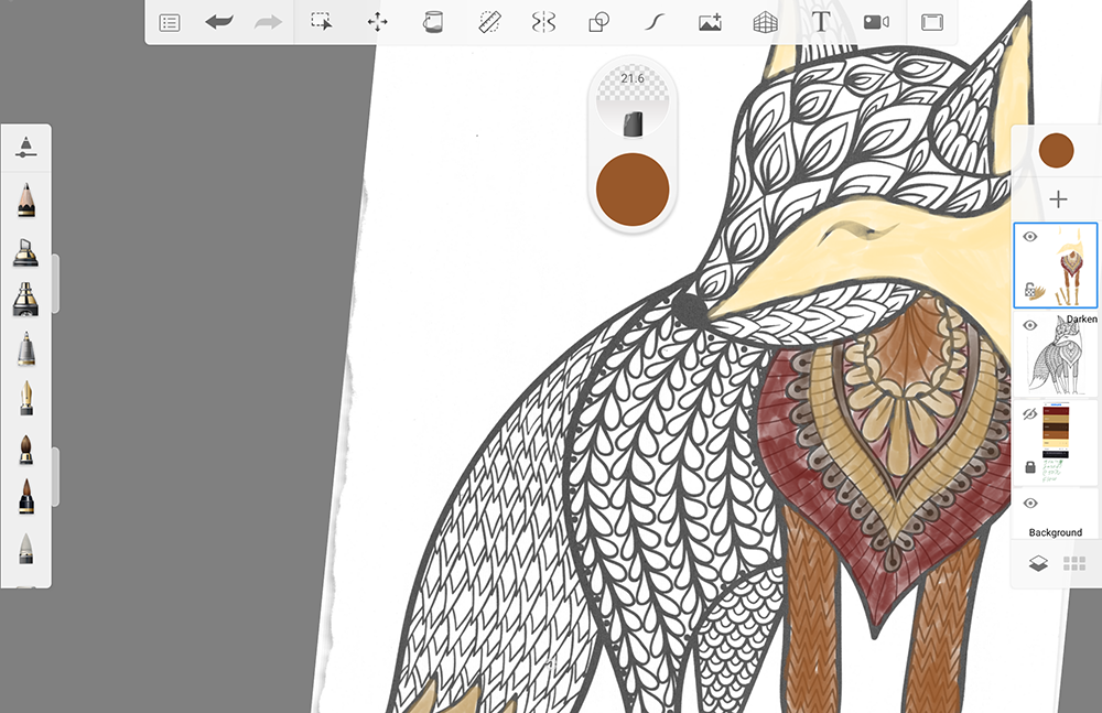 A zoomed in view of the coloring page with all of the toolbars, layers and brush information shown.