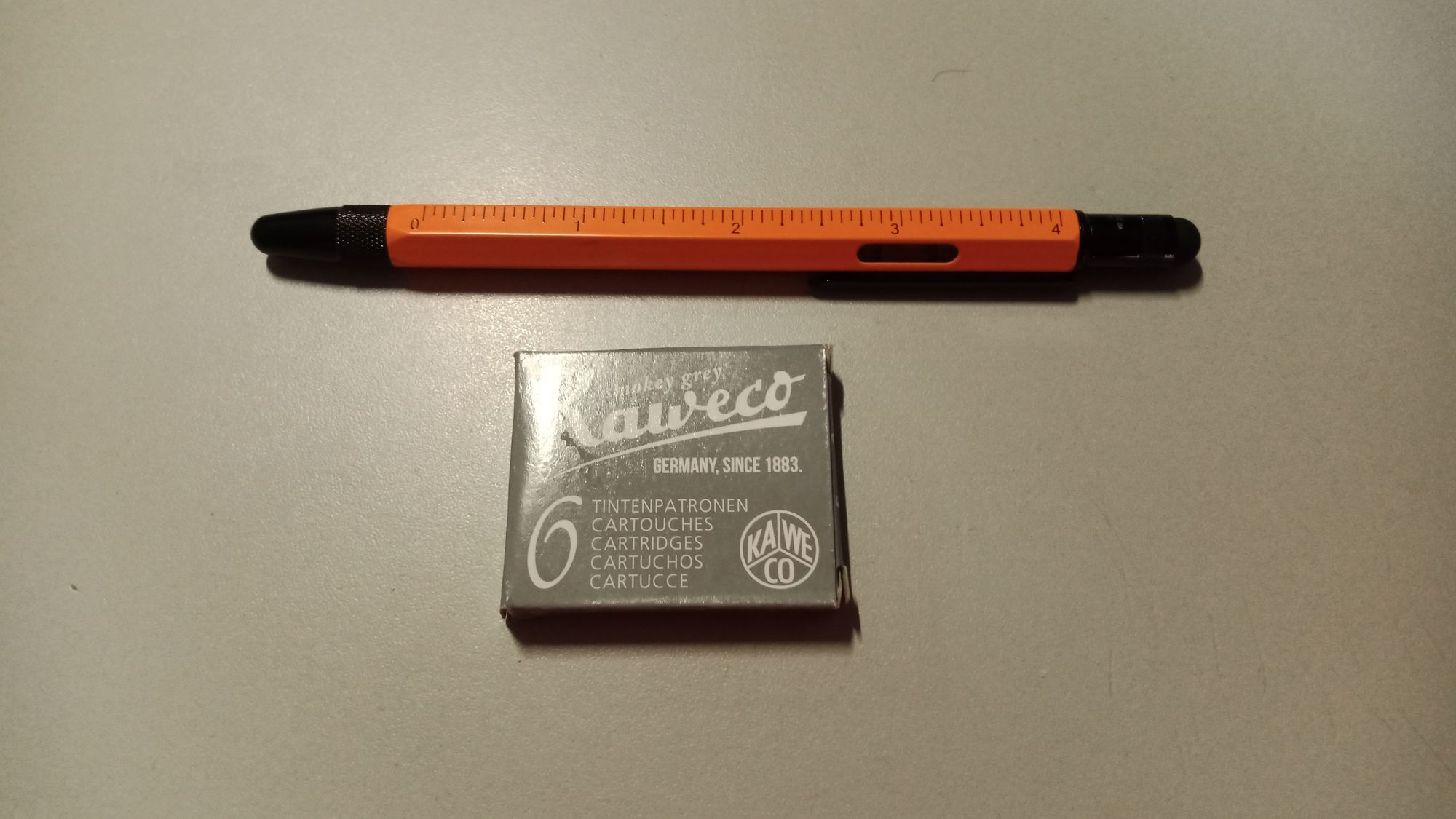 The pen and a box of Kaweco ink cartridges